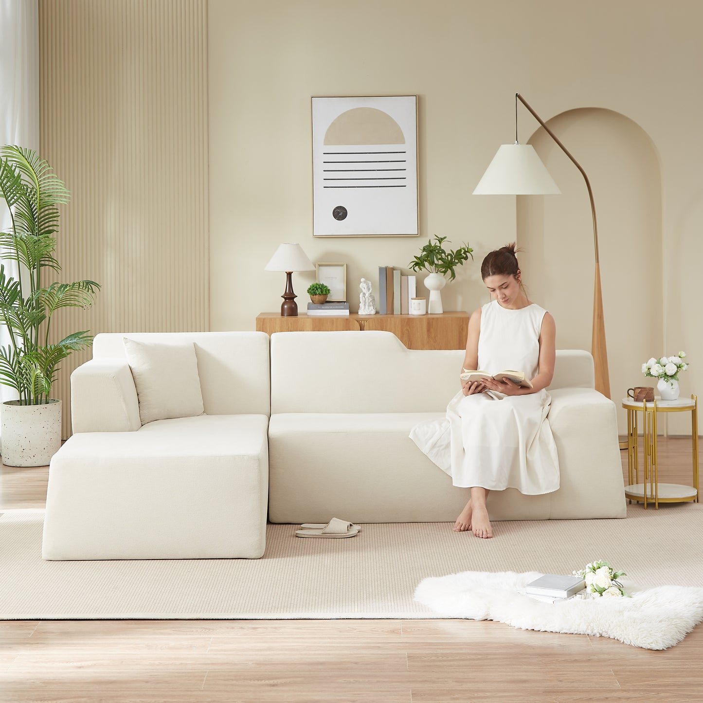 L-Shaped Minimalist Corduroy Sofa - High Back, Beige