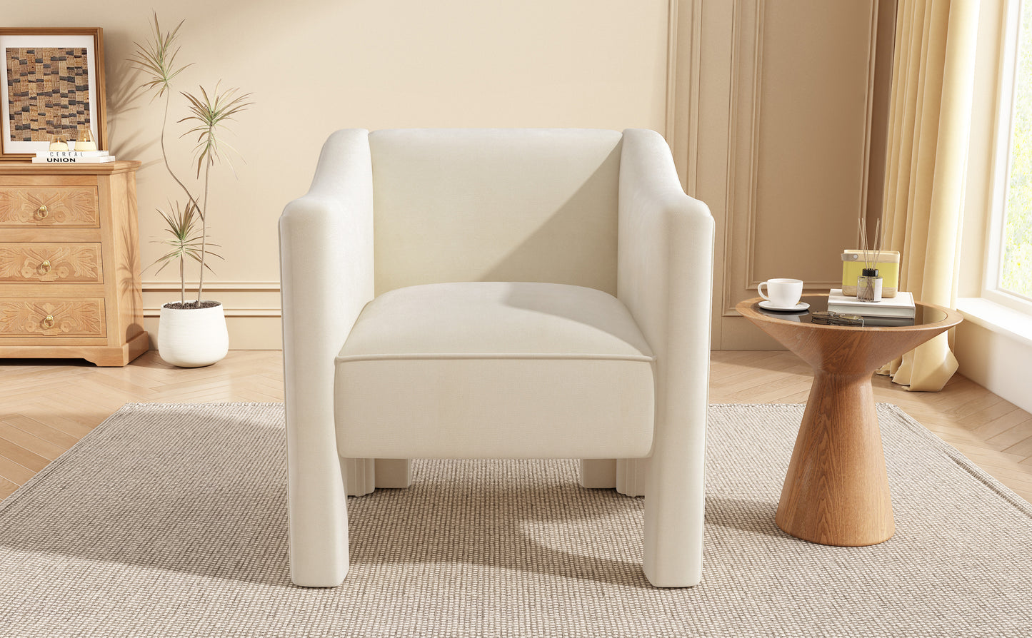 Beige Upholstered Barrel Accent Chair for Living Room & Bedroom
