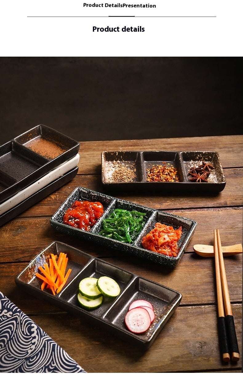 Rectangular Ceramic Sauce Dish with Three Grid Sections - Japanese Style Kitchenware