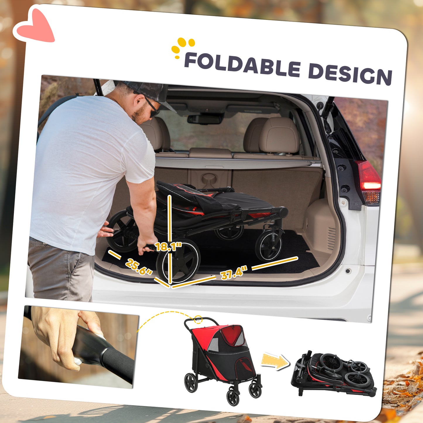 Large Dog Stroller Foldable Pet Carrier with Mesh Windows & Shock Absorption - Red