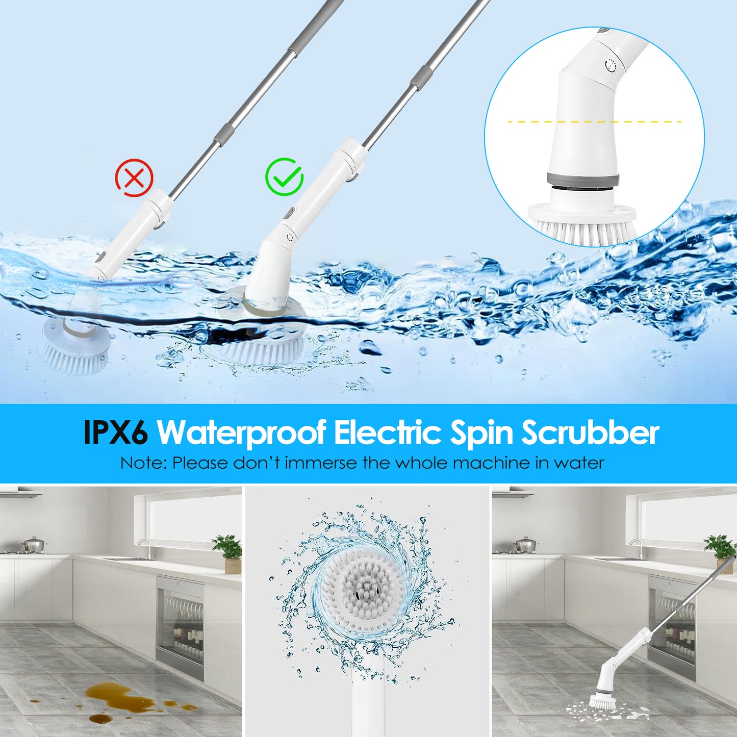 Electric Spin Scrubber Cordless Rechargeable Bathroom Tile Floor Cleaner with 6 Replaceable Heads