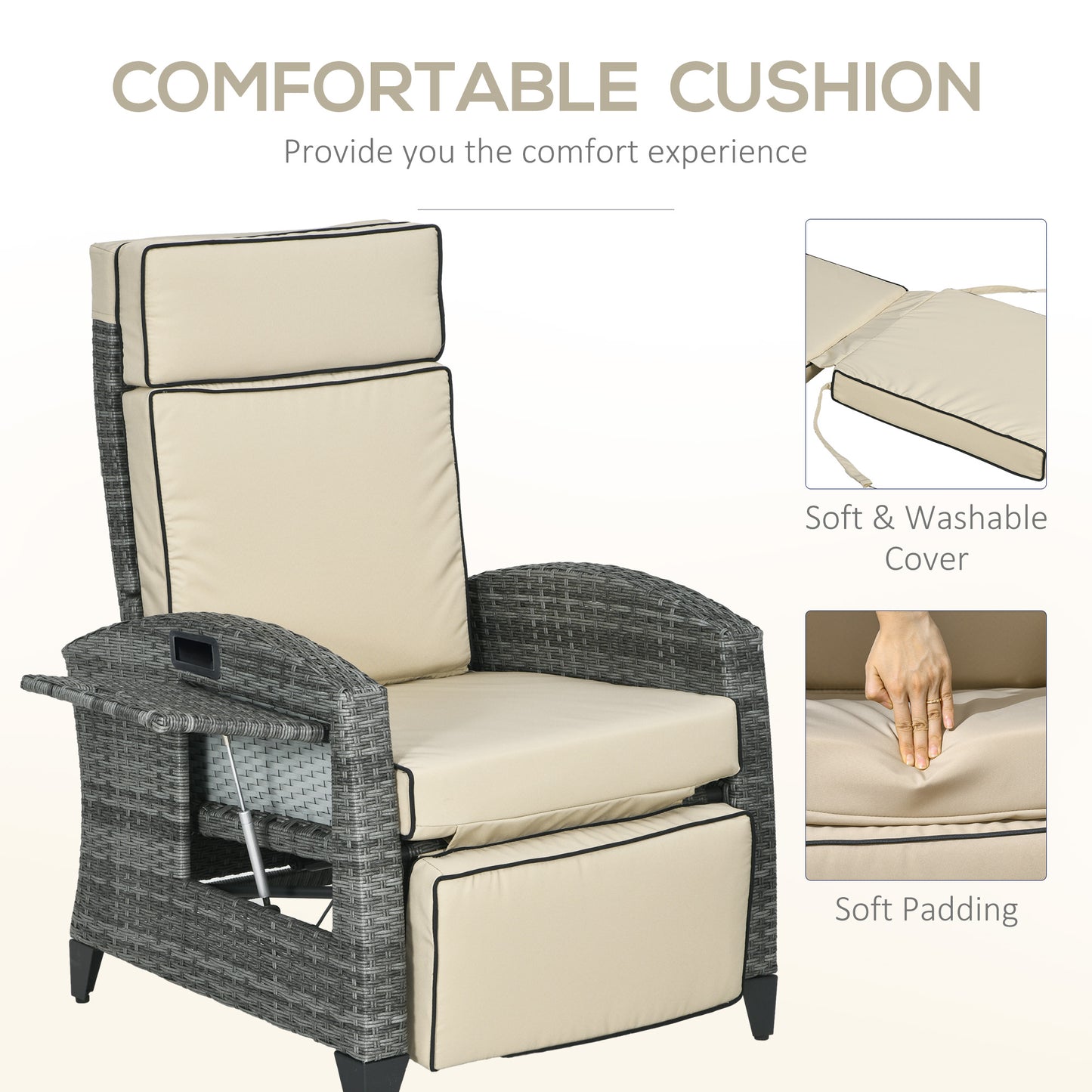Outdoor Recliner Chair with Cushions and Tray Table - Khaki