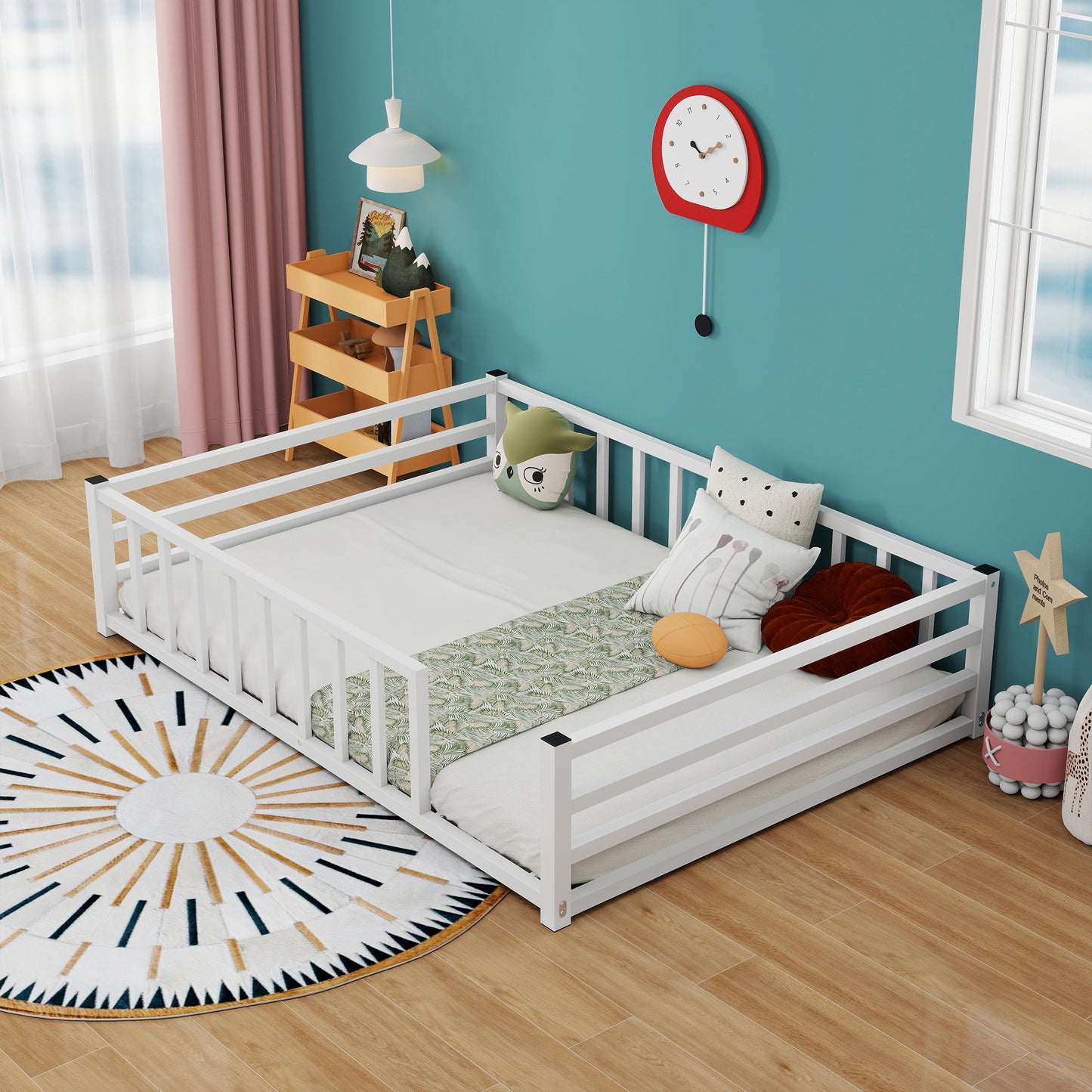 Full Size Low Profile Metal Bed Frame with Guardrails - White