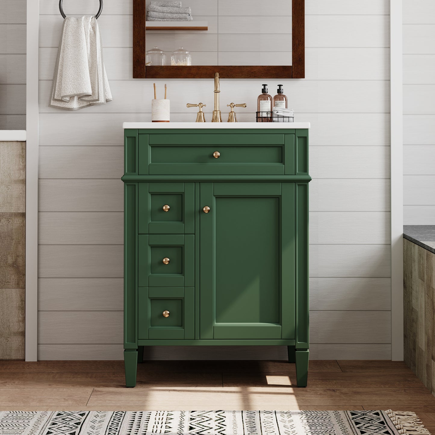 24'' Green Bathroom Vanity with Ceramic Sink & Storage Drawers