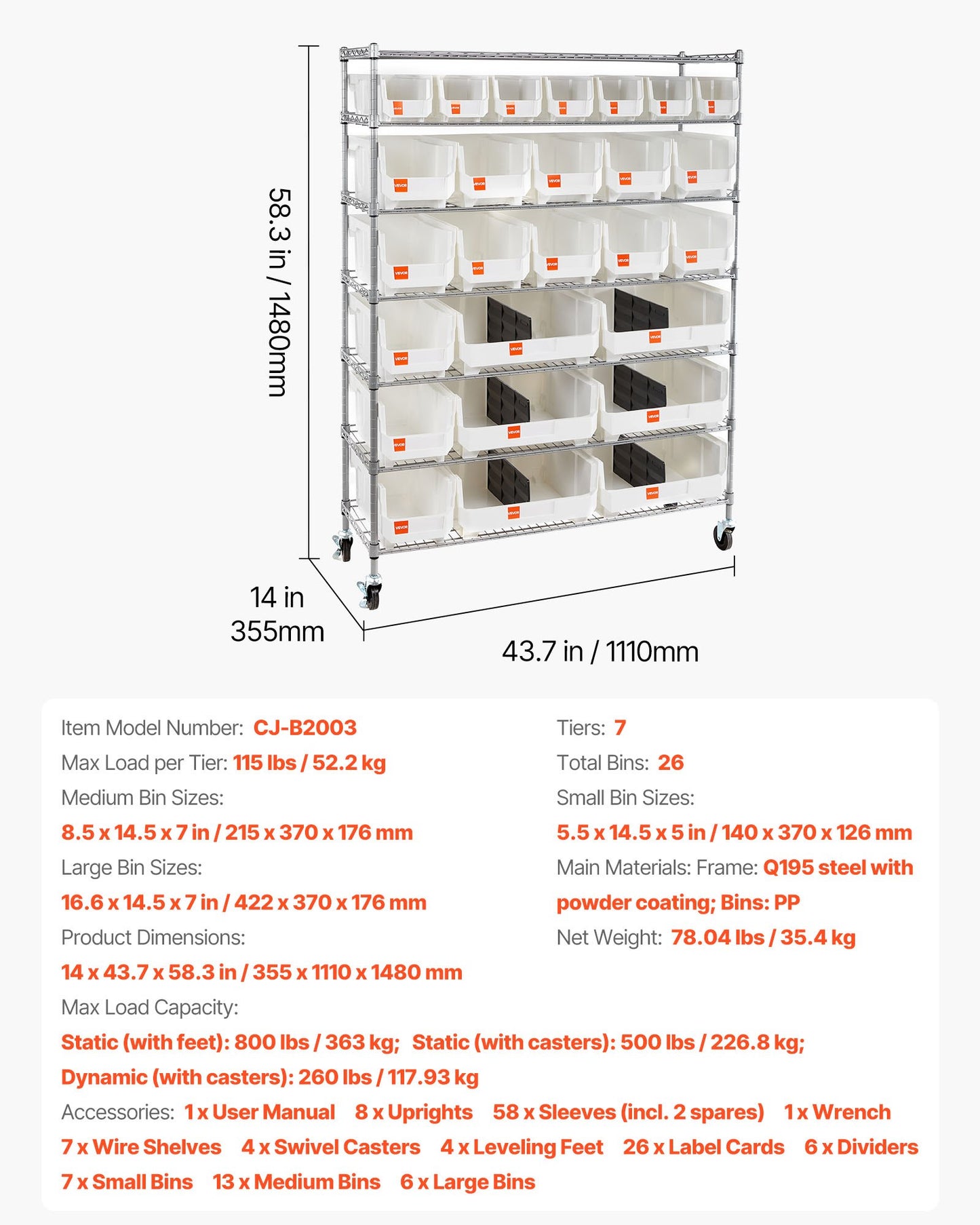 7-Tier Rolling Storage Rack with 26 Bins - Mobile Steel Wire Shelving System for Garage and Warehouse