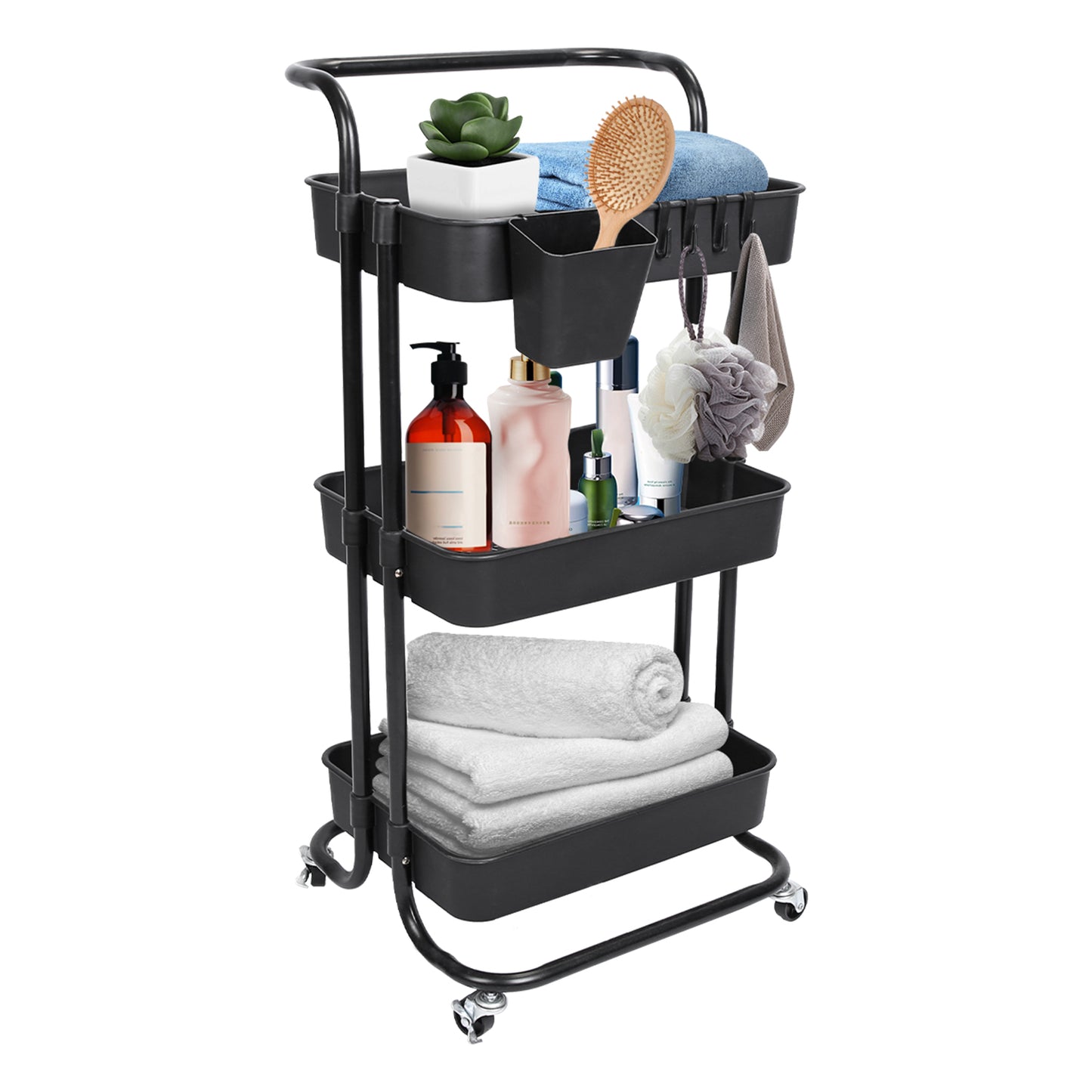 3-Tier Rolling Utility Cart with Mesh Baskets and Lockable Wheels