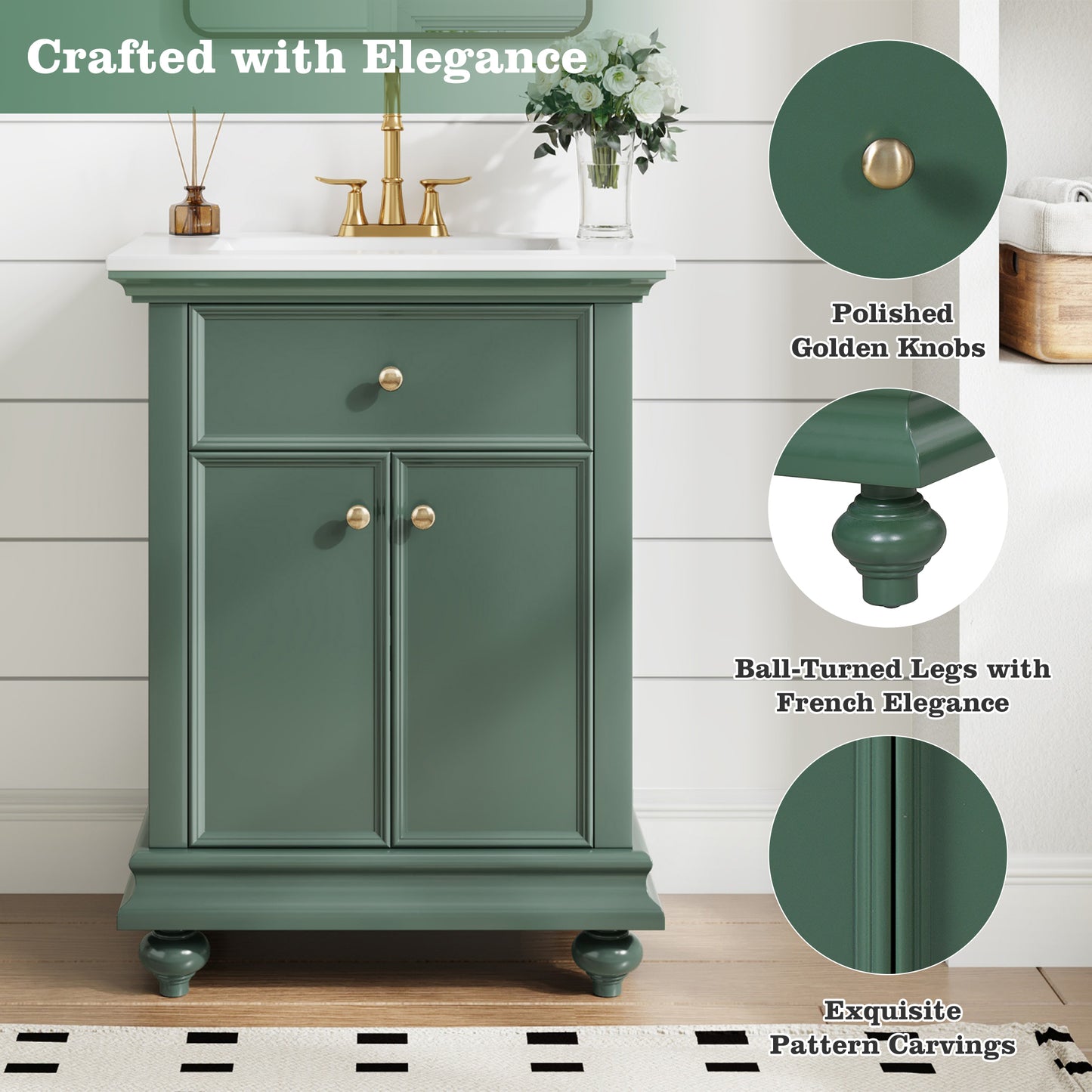 24" Modern Bathroom Vanity with Tip-Out Drawer - Green