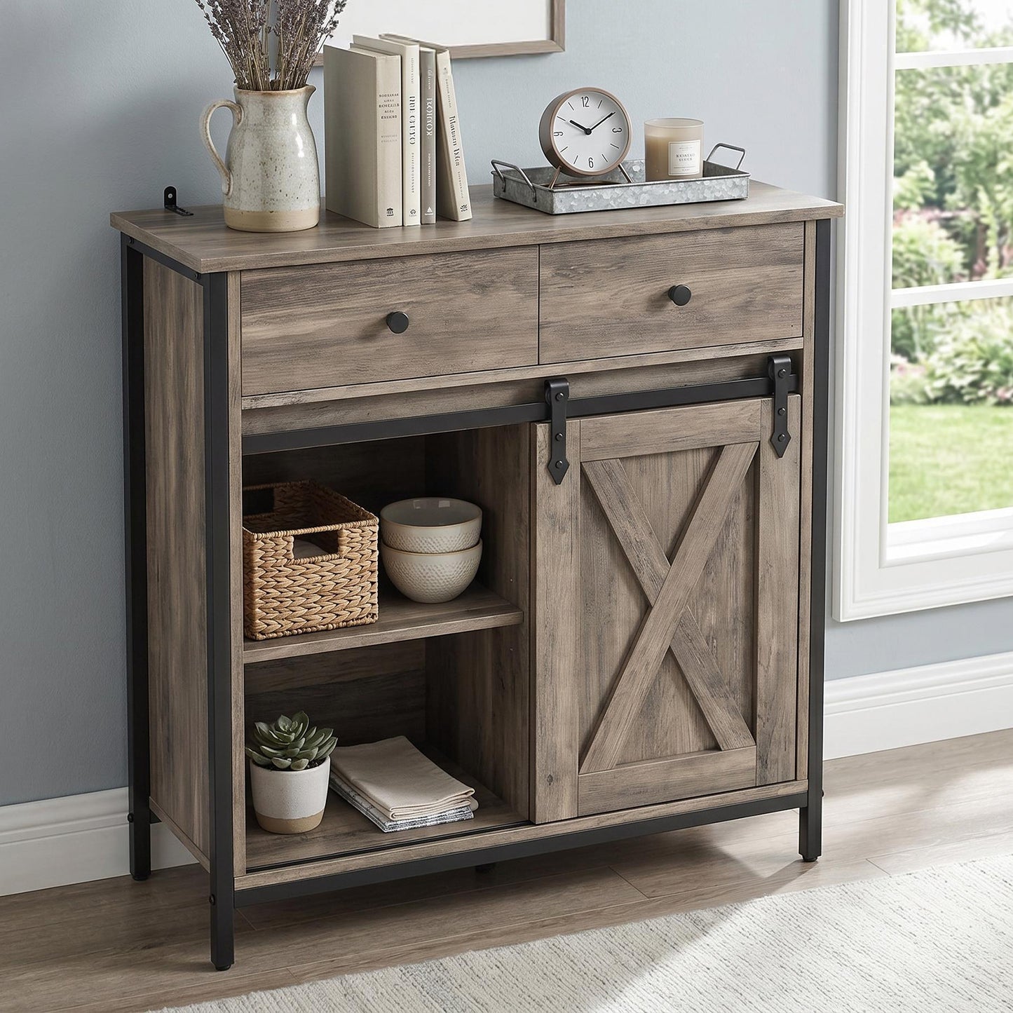 Farmhouse Buffet Cabinet with Sliding Barn Door & Adjustable Shelves