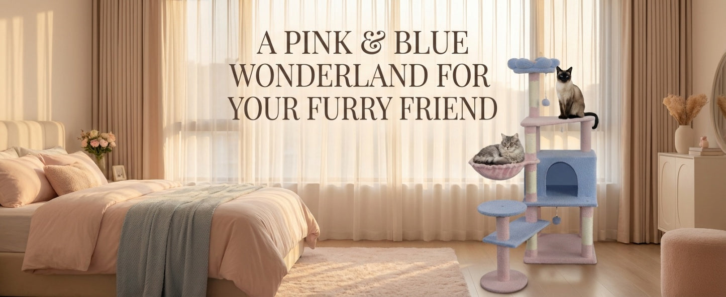 Flower Cat Tree with Large Condo, Removable Flower Cushion & Hammock - Blue
