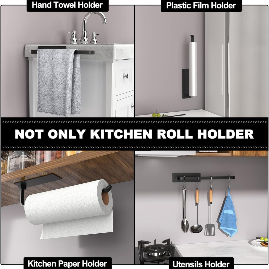 Paper Towel Holder Self Adhesive Or Drilling Matte Black Upgraded