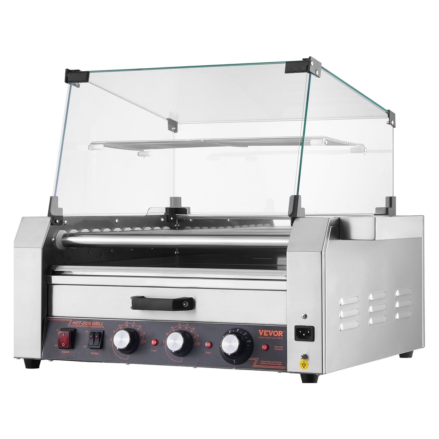 Electric Hot Dog Roller Grill Cooker with Bun Warmer - 1950W, Silver
