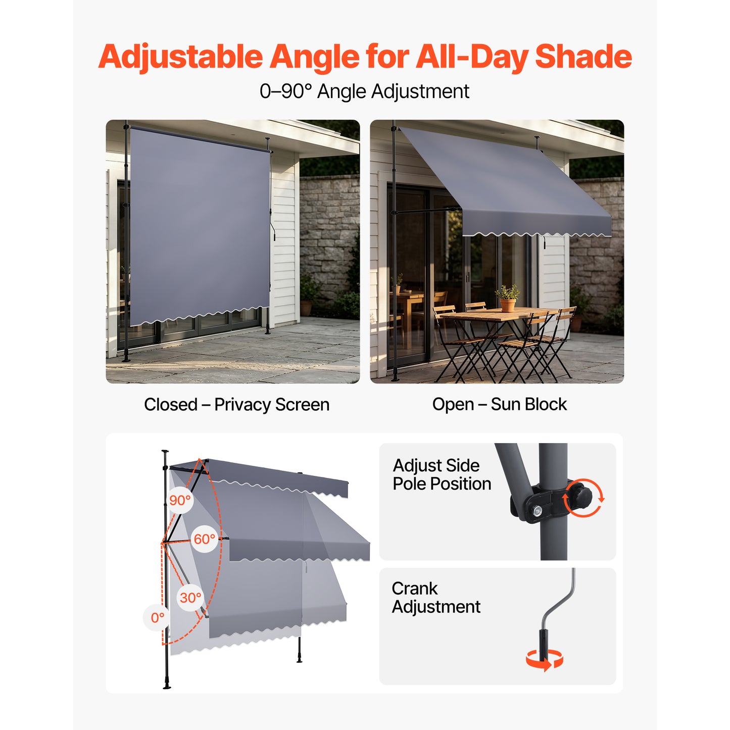 Manual Retractable Patio Awning Sunshade Shelter - 118 Inch Outdoor Canopy with Crank Handle, Adjustable for Garden & Balcony