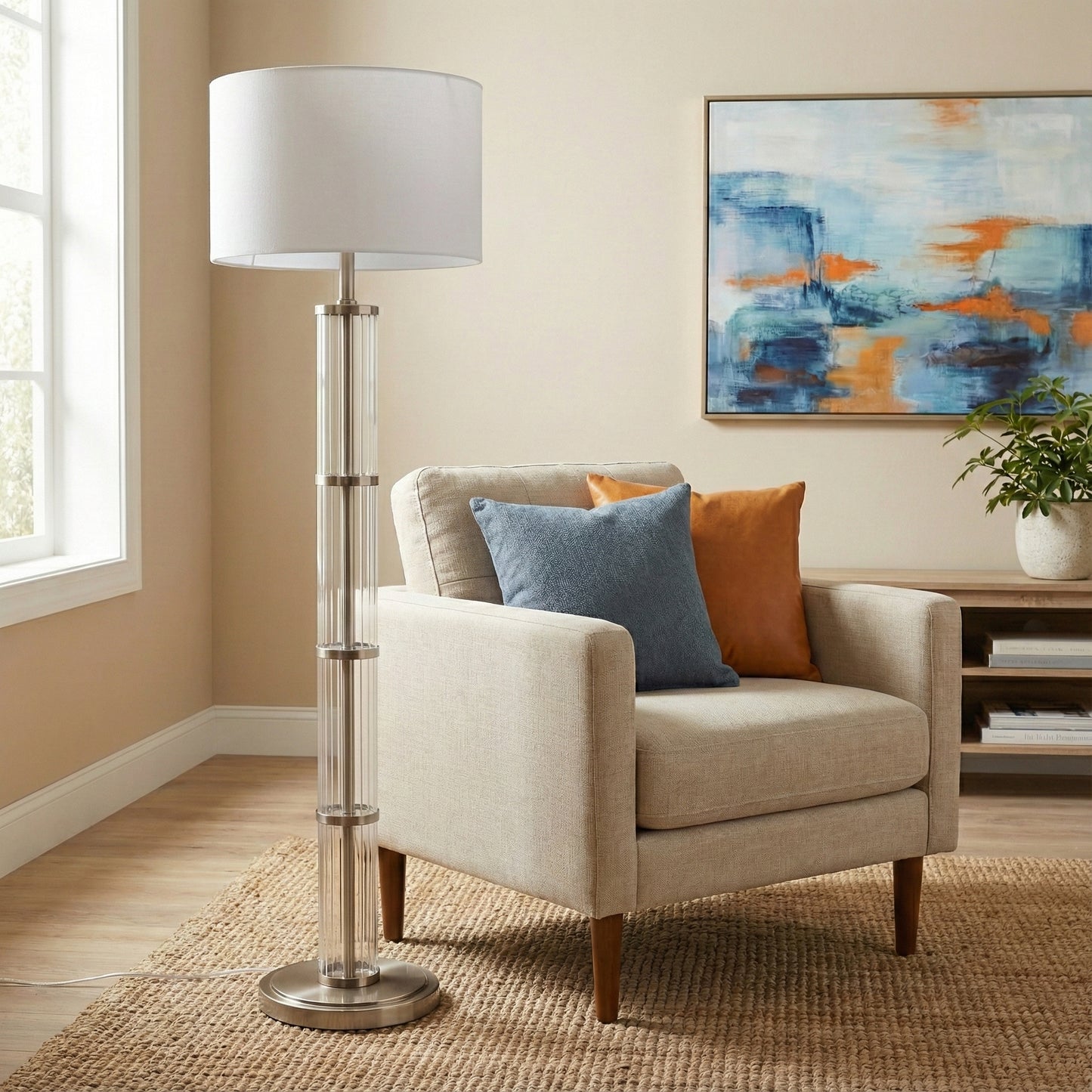 Nimbus Brushed Nickel Floor Lamp With 3-Way Rotary Clear Glass Body