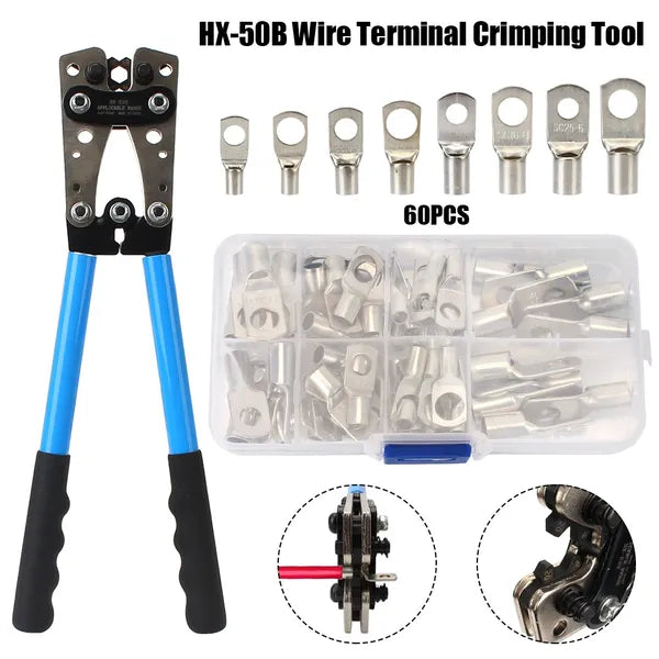 Copper Terminal Crimping Pliers Set with Assorted Ring Terminals - 60 pcs