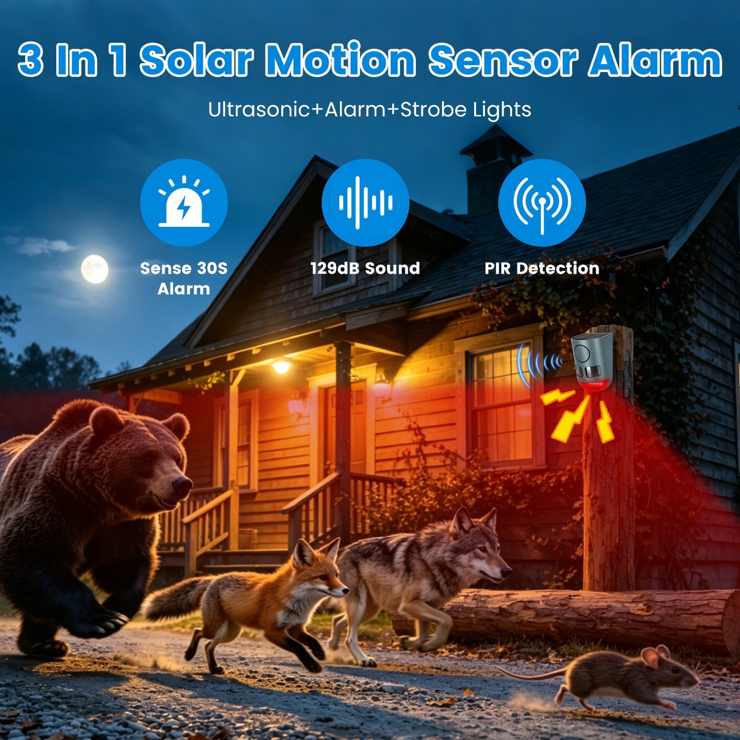 Ultrasonic Solar Animal Repeller 3-in-1 Motion Activated Deterrent IP55 Waterproof
