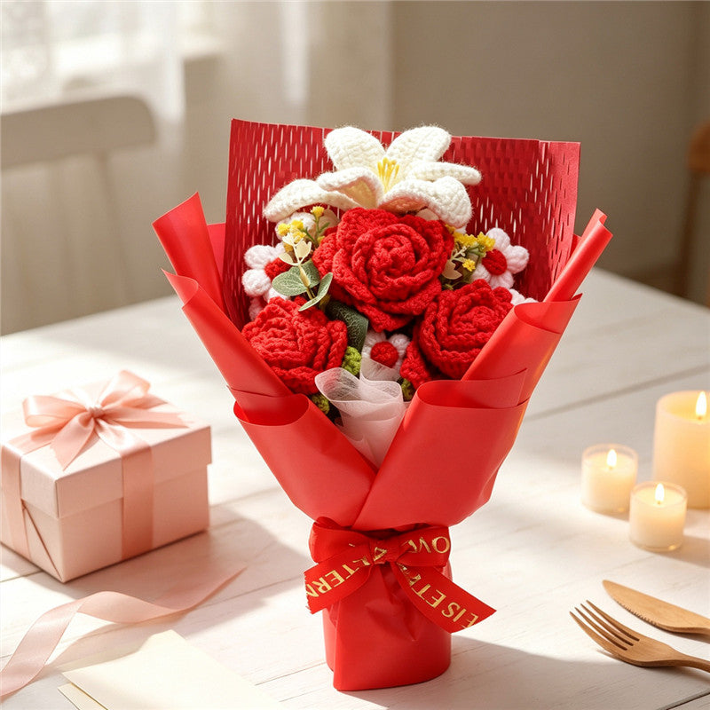 Crochet Flower Bouquet Red Roses & White Lilies Handmade Home Decor Gift