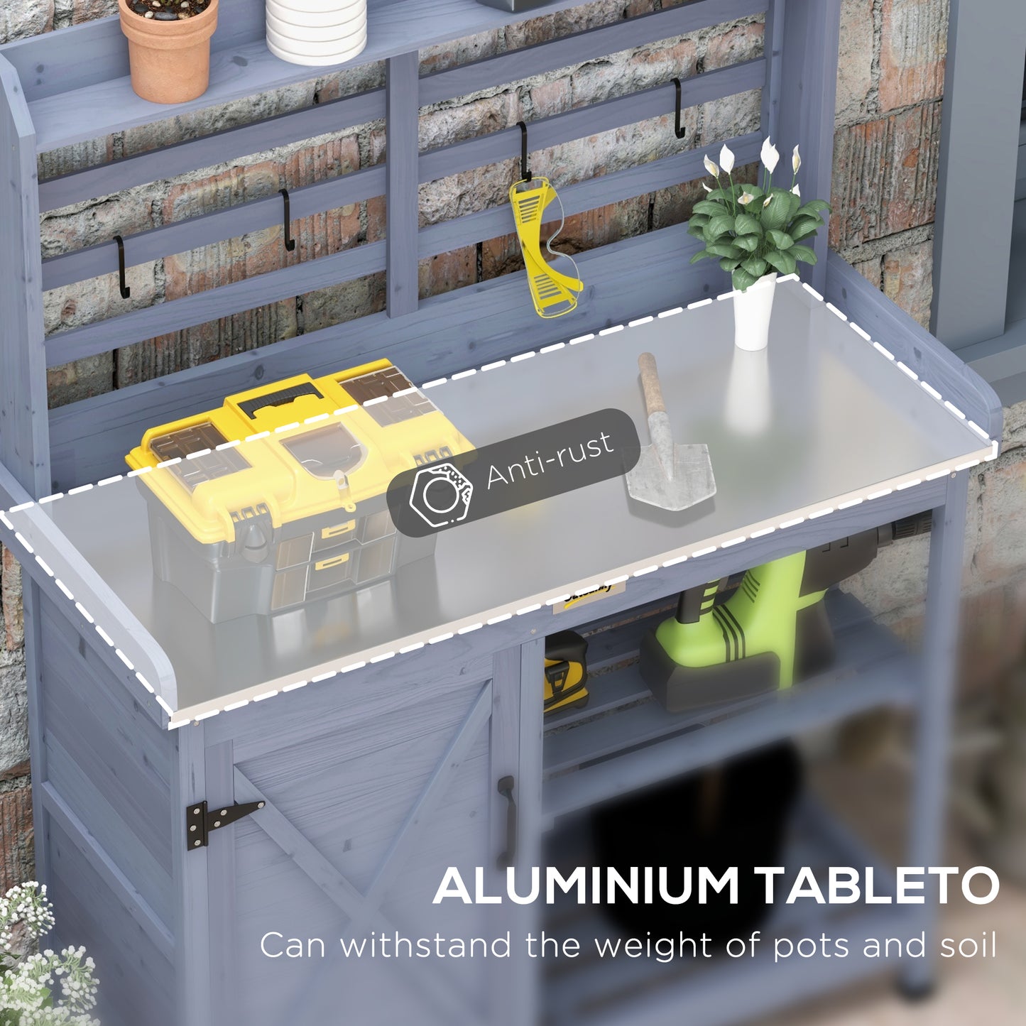 Wooden Potting Bench with Storage and Aluminum Tabletop for Garden, Patio, Balcony - Gray