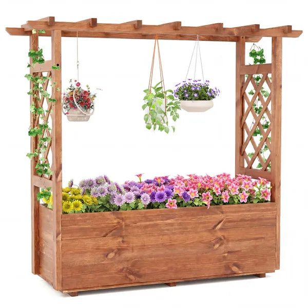 Natural Pine Wood Raised Garden Bed with Hanging Roof - Outdoor Planting