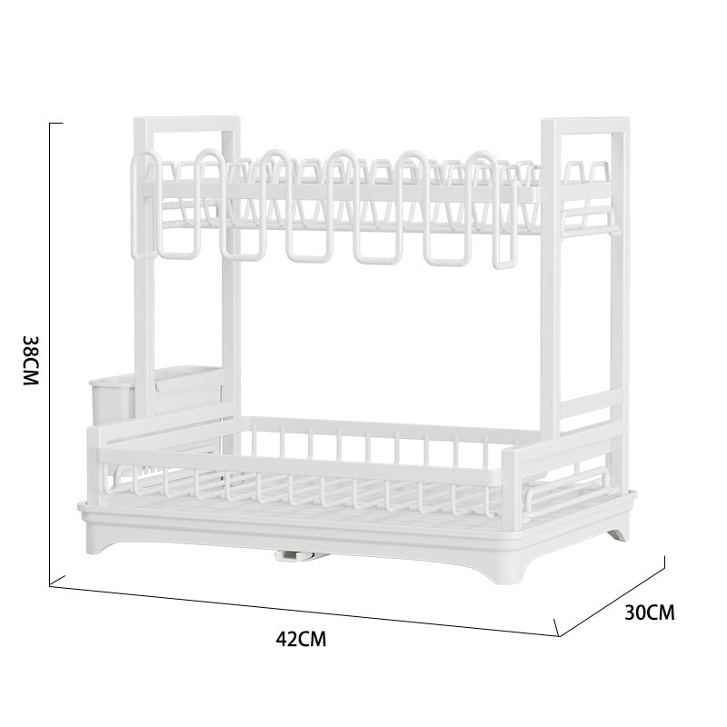 Kitchen Multi-Functional Storage Rack with Hanging Cup Drain Basket - Double Layer White
