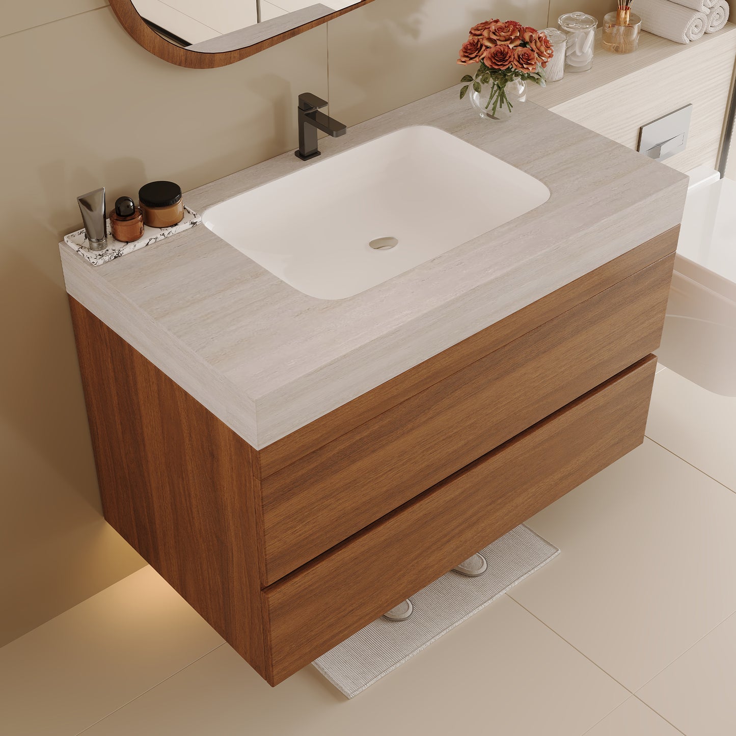 29.9" Modern Floating Bathroom Vanity with Faux Marble Top - Stone Gray Walnut