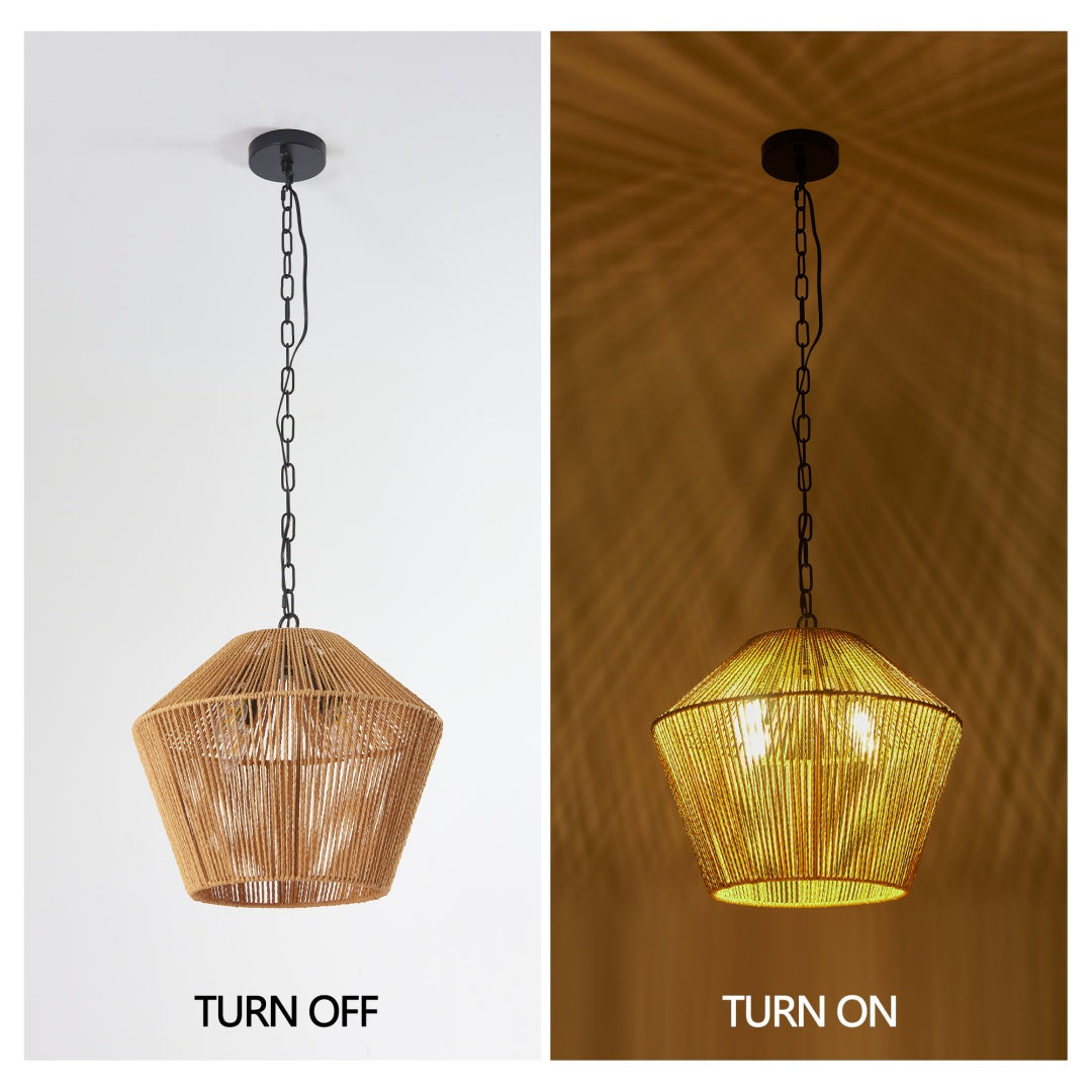 Boho Hemp Rope Pendant Light Fixture - Adjustable Height, Natural Finish