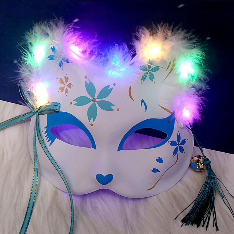 Halloween Party Luminous Feather Fox Mask Two-Faced Cat Face Mask
