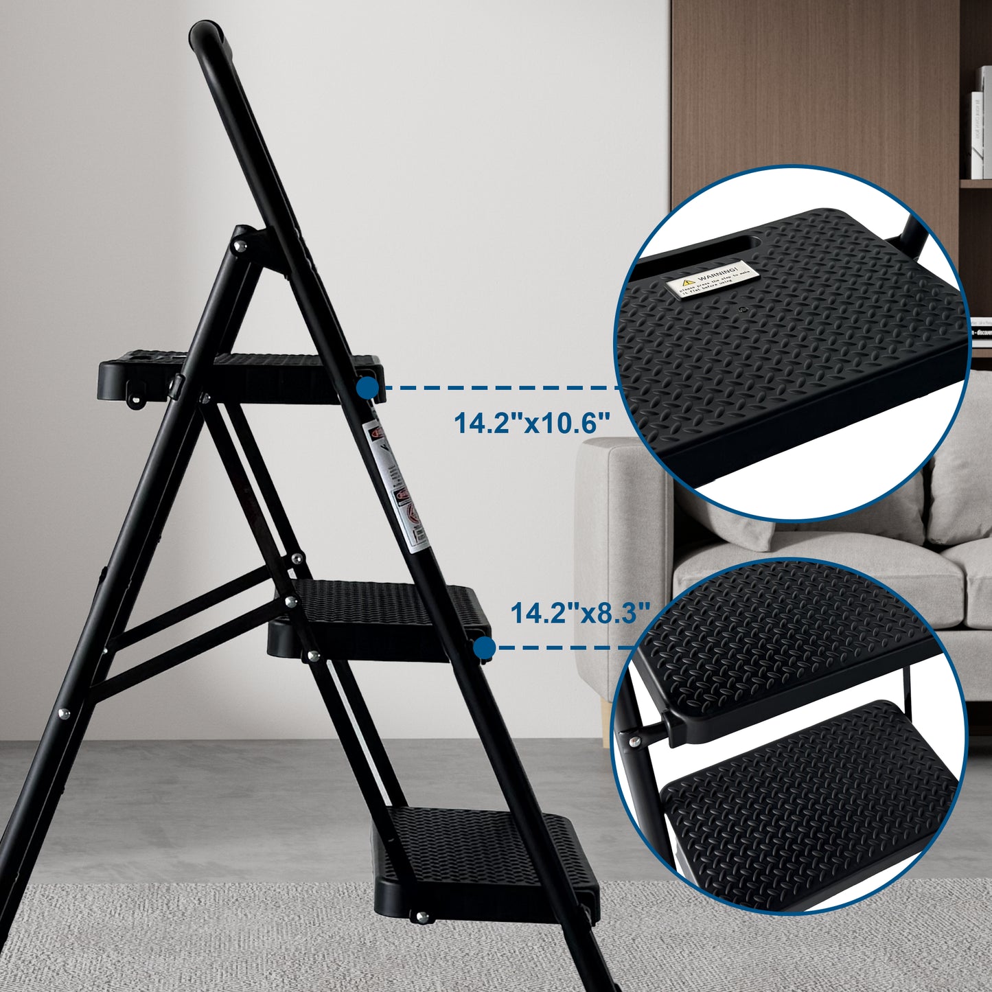 Folding Step Ladder with Anti-Slip Pedals - Portable Steel Stool, Black