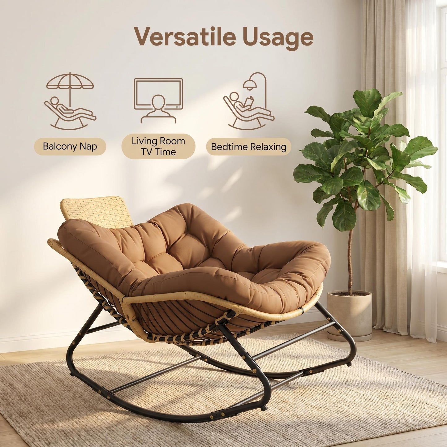 Oversized Papasan Rocking Chair with Thick Cushion - Brown