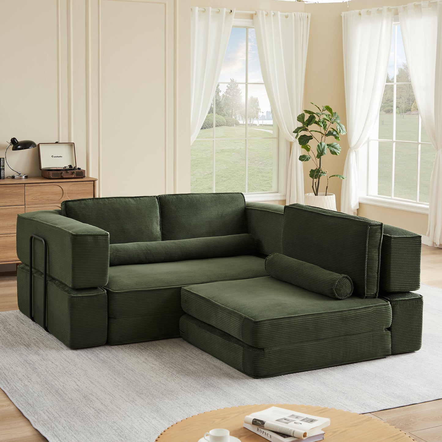 Large Army Green Corduroy Sofa - Modular Design for Living Room