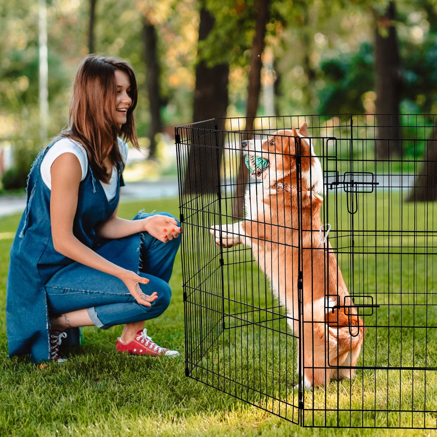 Foldable Metal Dog Playpen 8 Panels with Bottom Pad 30-Inch Height - Black