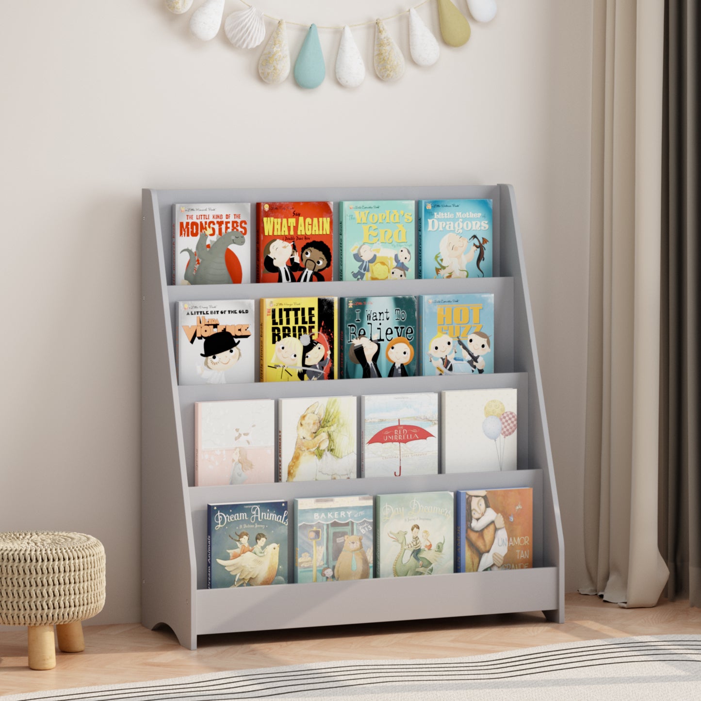 4-Tier Kids Bookshelf - Gray MDF Book Display for Bedrooms & Playrooms