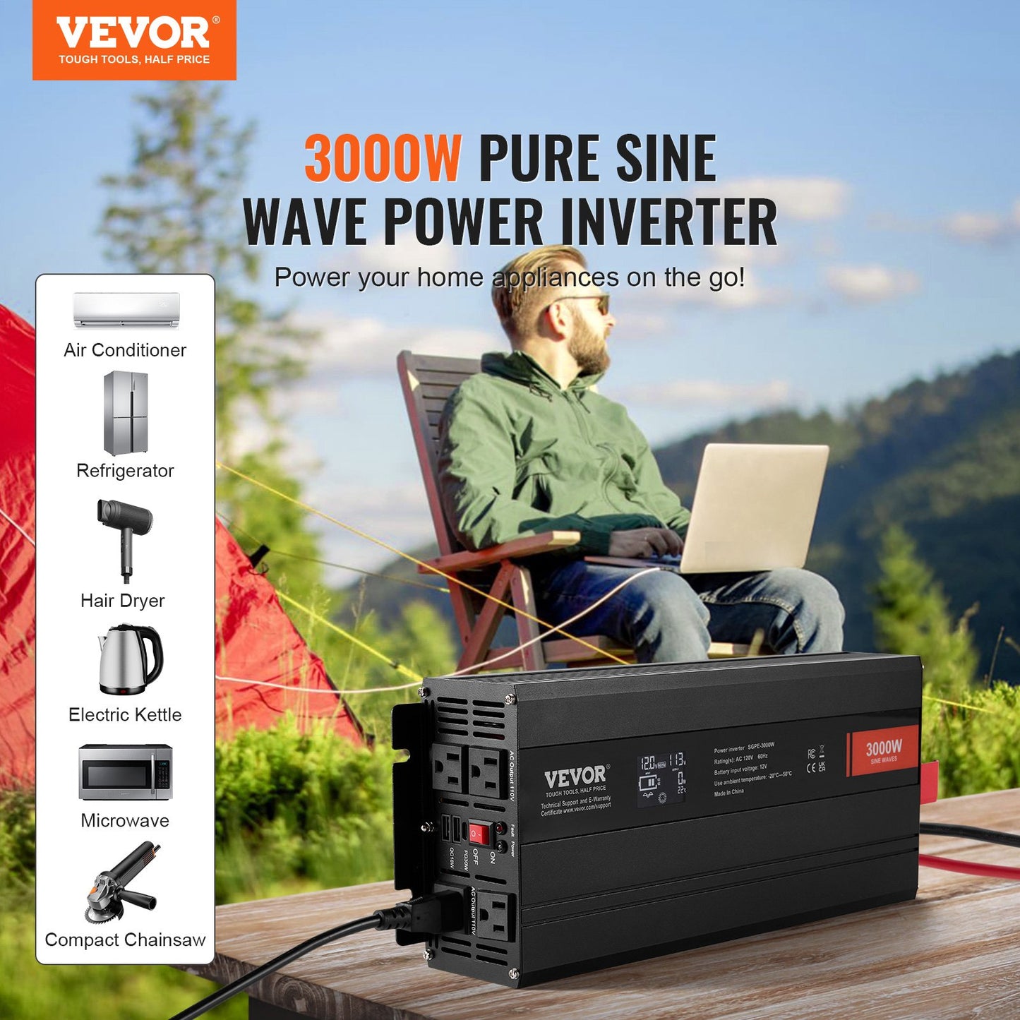 3000W Pure Sine Wave Power Inverter DC 12V to AC 120V with Dual Outlets and USB-C