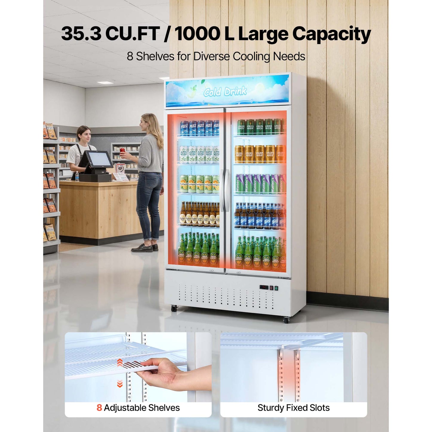 Commercial Refrigeration Display Cooler with Glass Doors & Adjustable Shelves