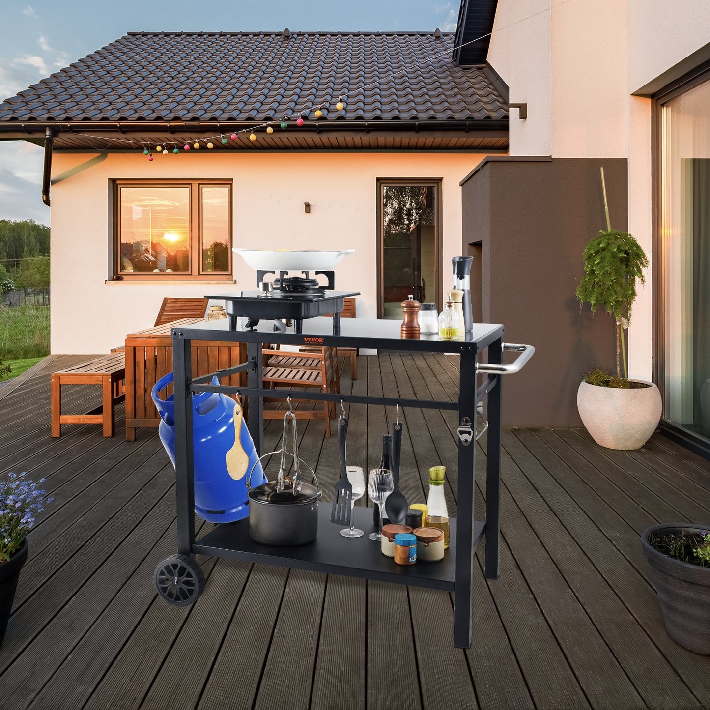 Portable BBQ Food Prep Table with Double Shelves - Black