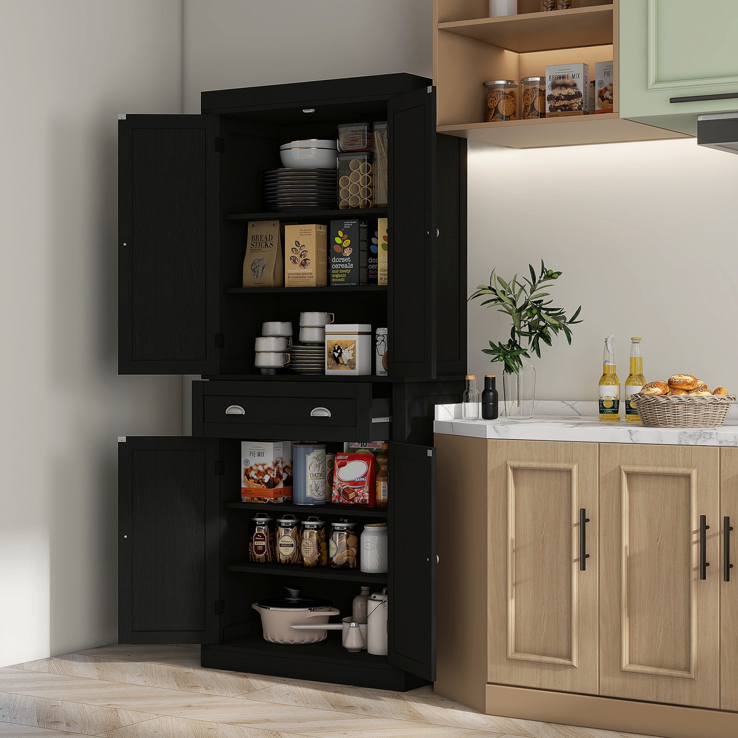 72.5 Inch Freestanding Kitchen Storage Cabinet - Black Wood Grain