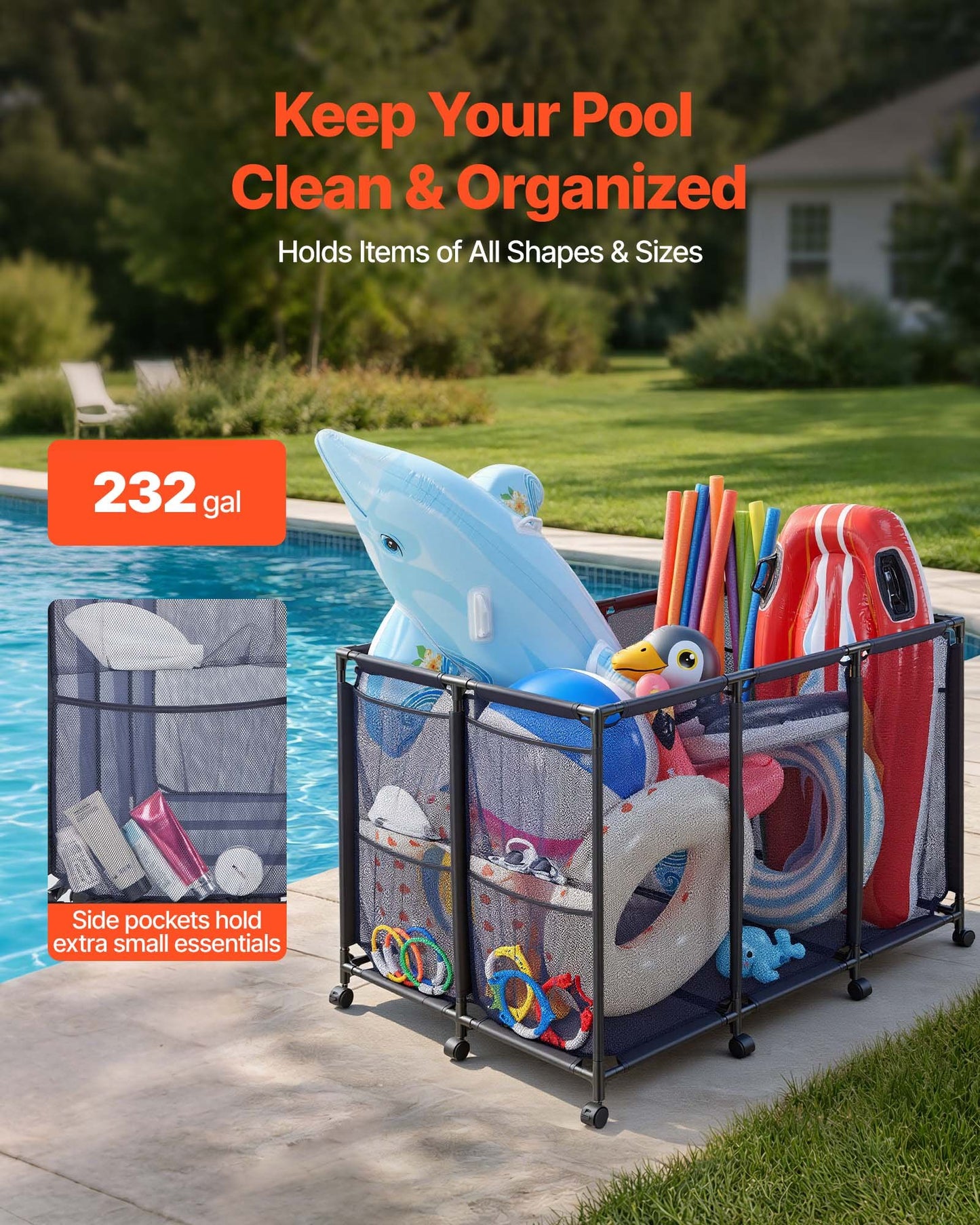 Pool Storage Bin with Casters & Side Pockets - Heavy Duty Mesh Organizer for Pool Toys