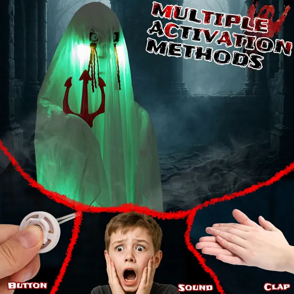 Life Size Animatronic Ghost Decoration with Trident - Sound Activated with Green Lights