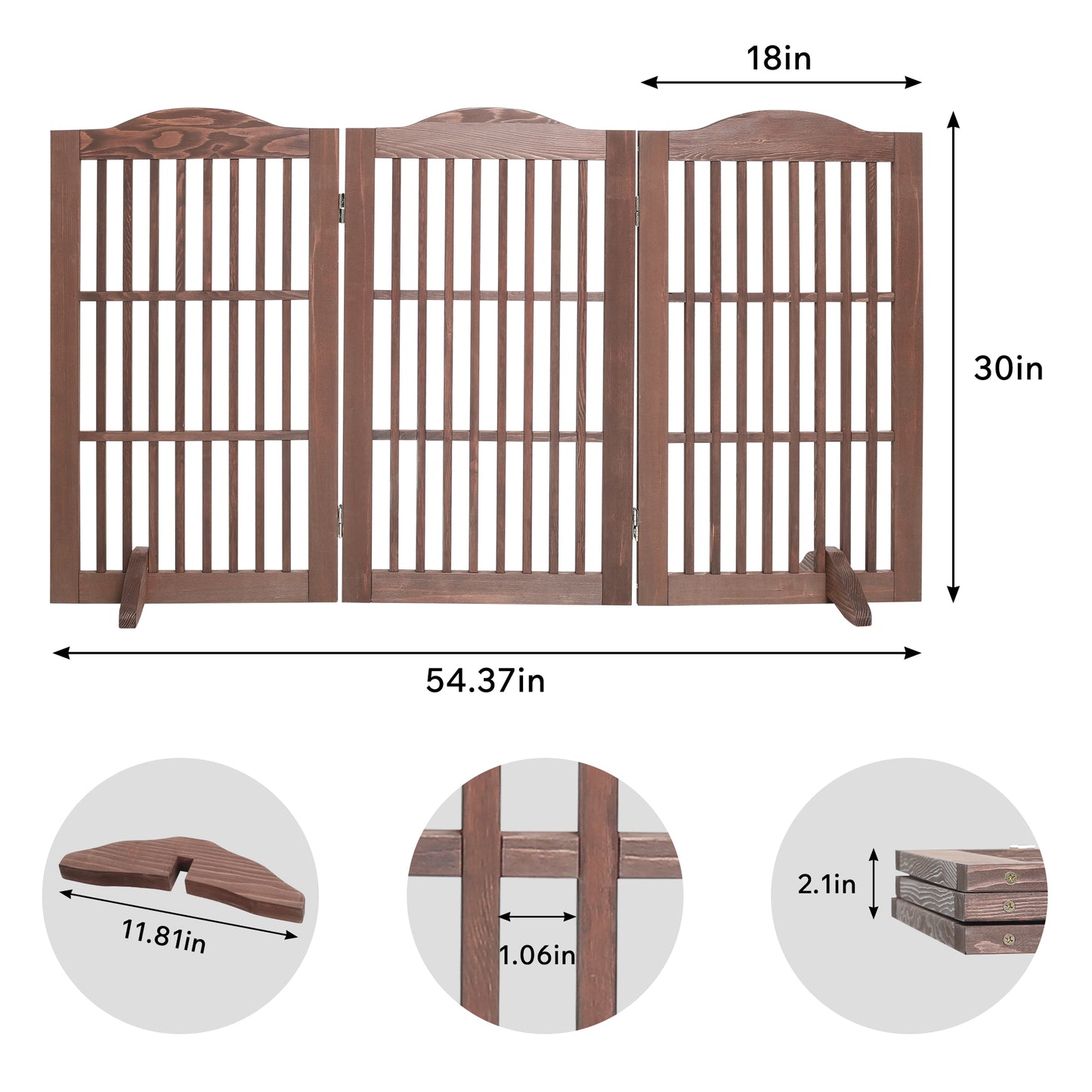 Wooden Foldable Pet Gate for Dogs - 30 Inch 3 Panels, Freestanding Doorway Fence, Brown