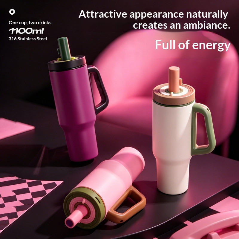 Large Capacity Insulated Water Bottle with Quick-Release Straw - 1100ml