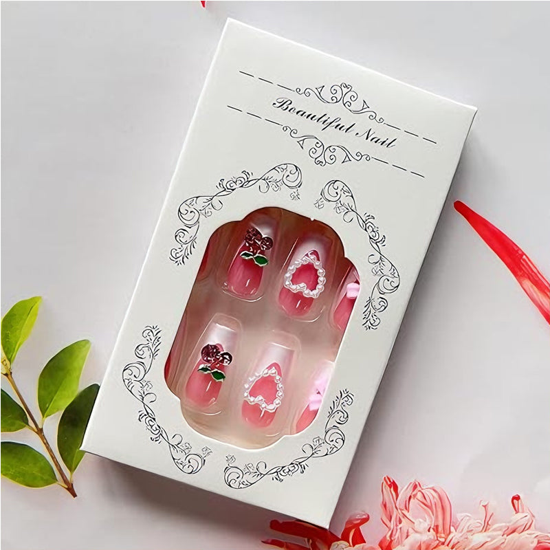 24-Piece Cherry Bow Press-On Nails - Long Square Tip False Nails