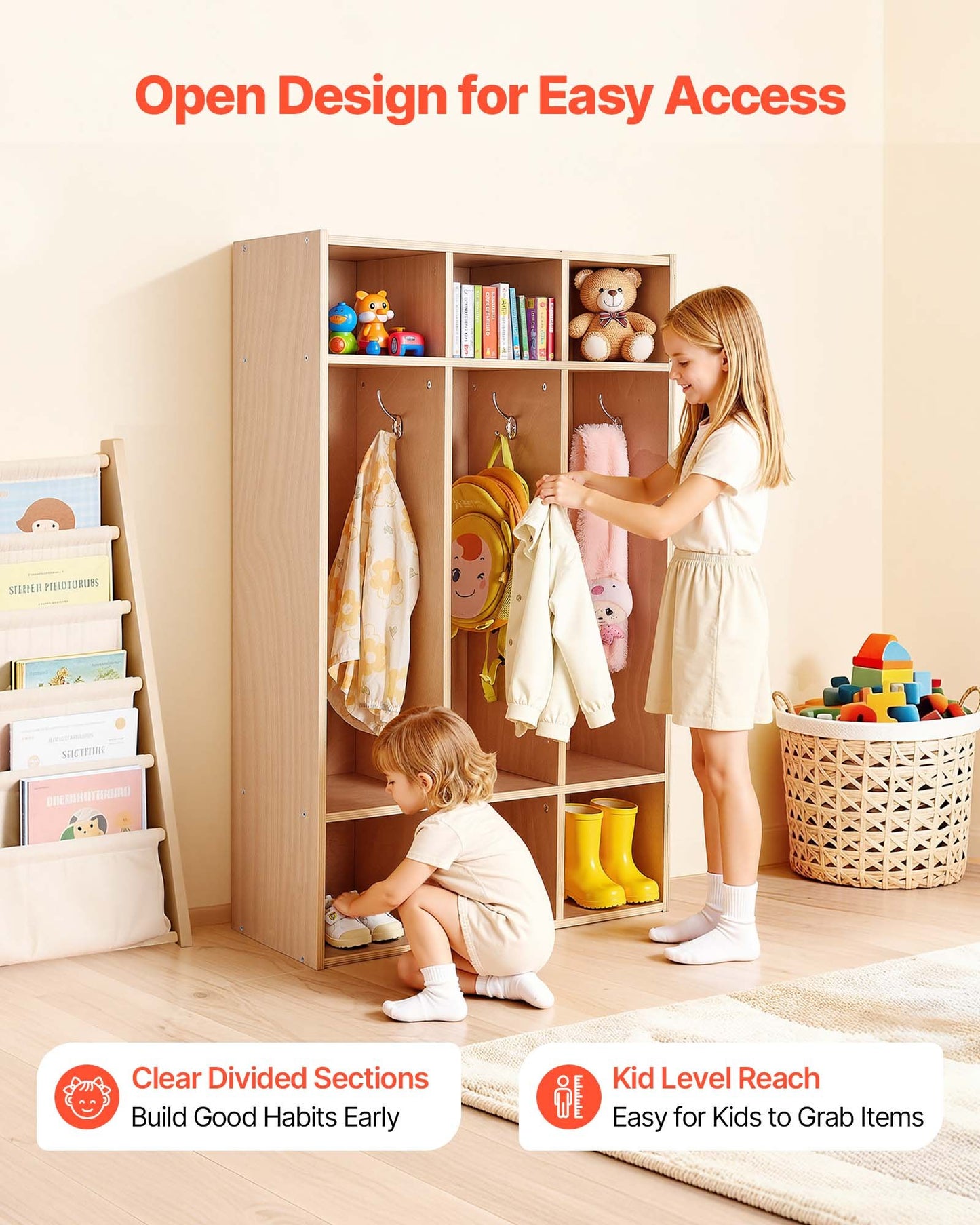 Kids Wooden Coat Locker with 6 Hooks & Storage Cubbies - Toddler Organizer