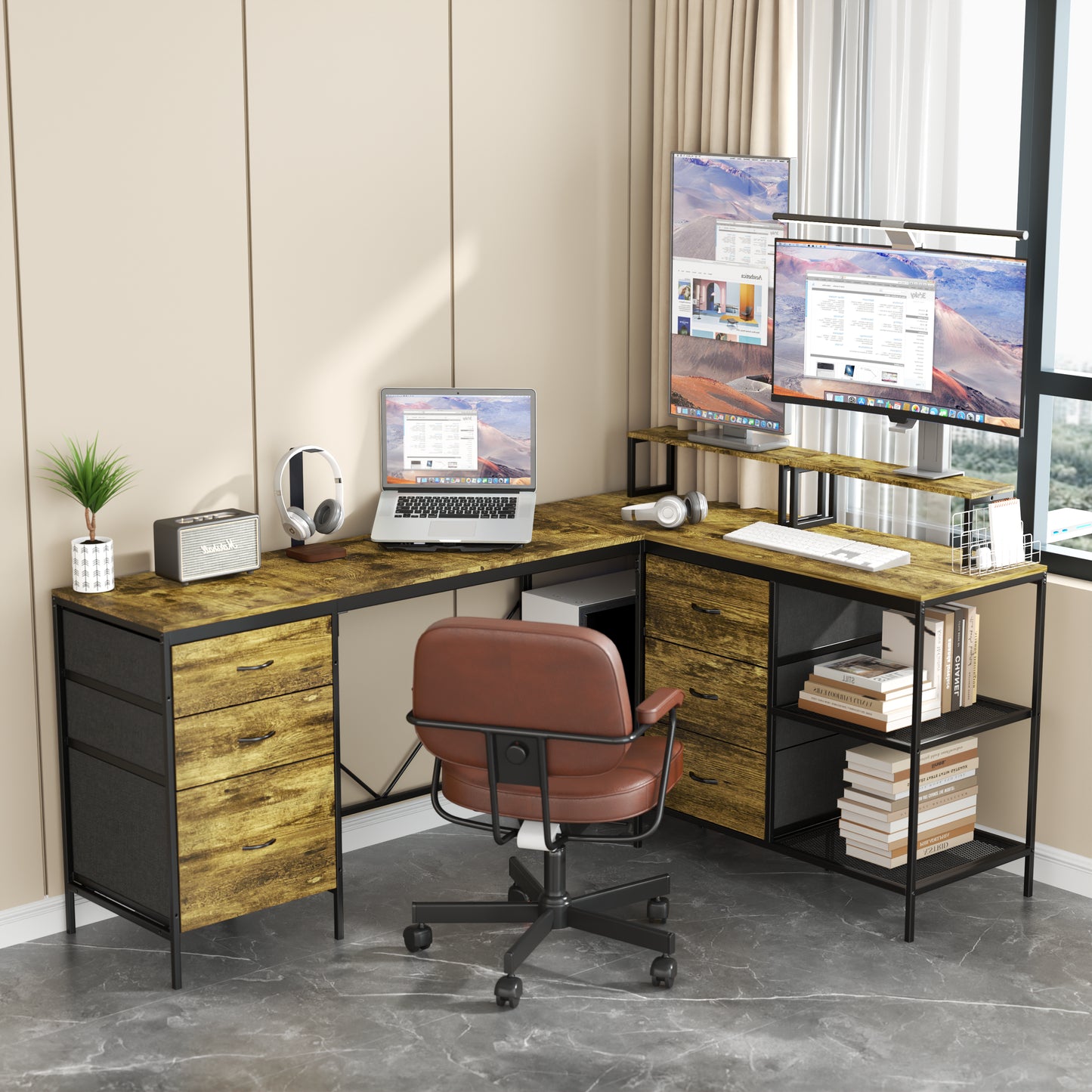 114 L-shaped Desk With Power Hub, Industrial Gaming - 6 Drawers,