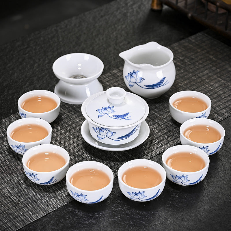 Porcelain Chinese Style Tea Set with Tea Tray - White Ceramic Tableware