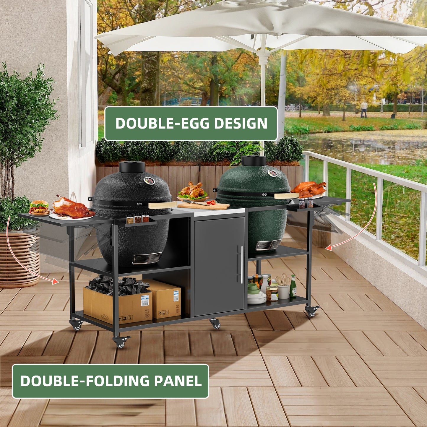 Outdoor Grill Cart for Two Big Green Egg & Kamado Joe 18 Inch - Metal Stainless Steel Table with Storage