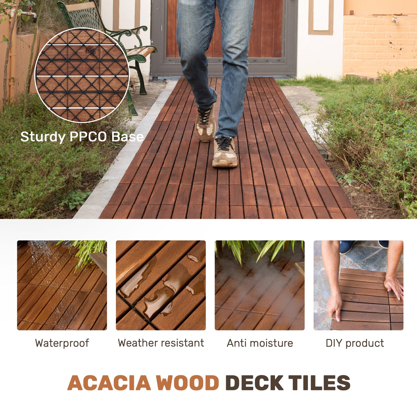 10 PCS Interlocking Acacia Hardwood Deck Tiles - Brown
