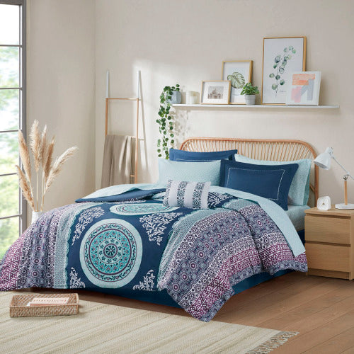 Queen Boho Comforter Set with Bed Sheets - Navy