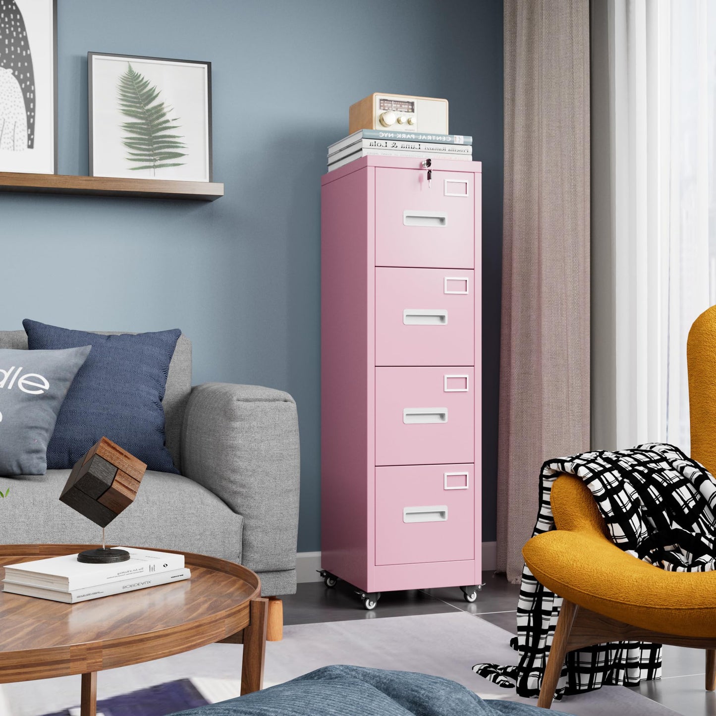 4 Drawer Lockable File Cabinet on Wheels - Pink