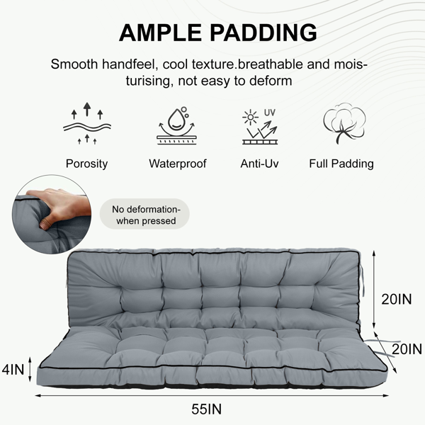 Outdoor Swing Cushions 55 Inch Waterproof 4-Inch Thick Replacement Seat with Backrest & Ties Light Grey