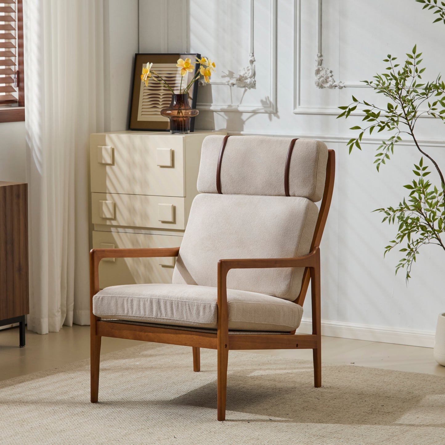 Mid Century Modern Accent Armchair, Solid Wood Frame With High Back,