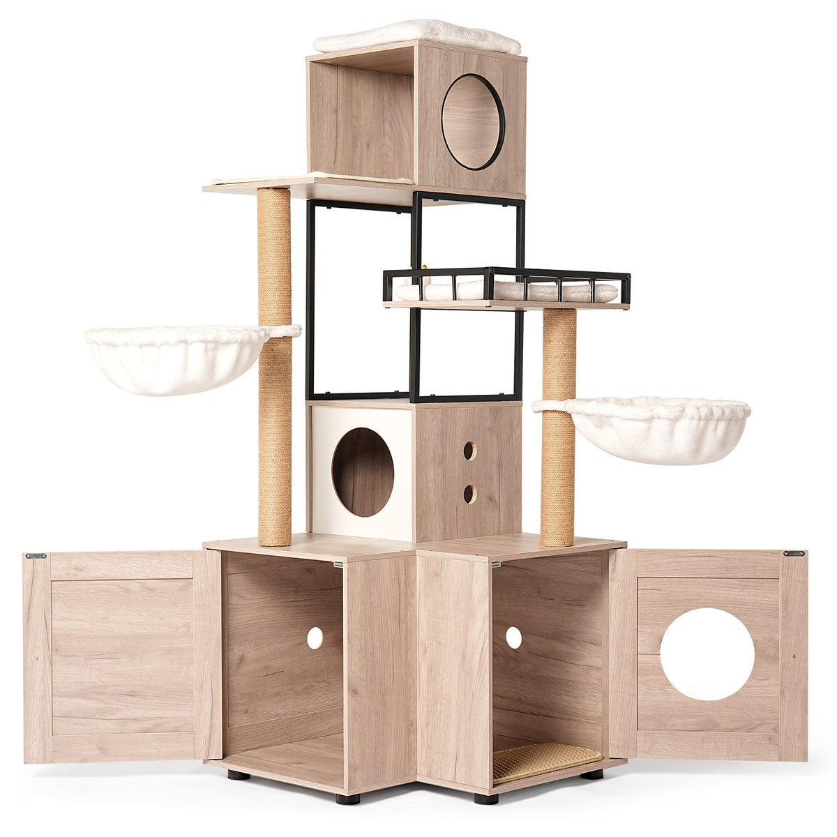 Multi-Functional Cat Tree with Litter Box, Scratching Posts & Washable Cushion - Rustic Gray